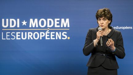 Sylvie Goulard lors d'un&nbsp;meeting national de l'UDI et du MoDem dans le cadre de la campagne pour l'élection des députés européens le 30 avril 2014 (MAXIME JEGAT / MAXPPP)