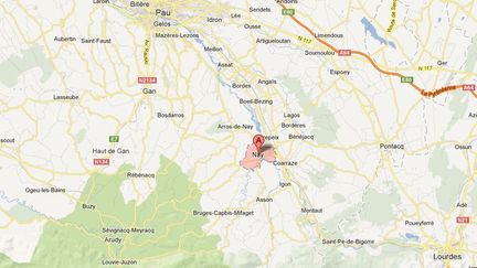 Capture d'&eacute;cran de Googlemaps situant le village de Nay, dans les&nbsp;Pyr&eacute;n&eacute;es-Atlantiques, victime d'une secousse d'une magnitude de 3, mardi 1er janvier 2013. (GOOGLEMAPS / FRANCETV INFO)