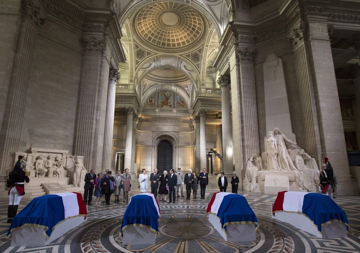 The President of the Republic, François Hollande (center), during the pantheonization ceremony of Jean Zay, Geneviève de Gaulle-Anthonioz, Germaine Tillion and Pierre Brossolette, in Paris, May 27, 2015. (PHILIPPE WOJAZER / POOL / AFP )