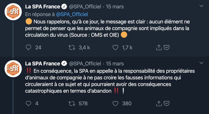 Une série de tweet partagée par le Société protectrice des animaux, dimanche 15 mars 2020 sur TwitteR. (CAPTURE ECRAN TWITTER)