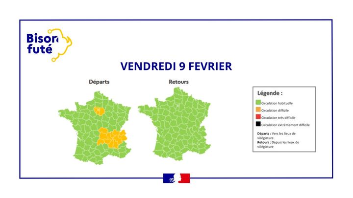 Les prévisions de circulation dans l'Hexagone le 9 février 2024, publiées par Bison Futé sur X. (BISON FUTE)