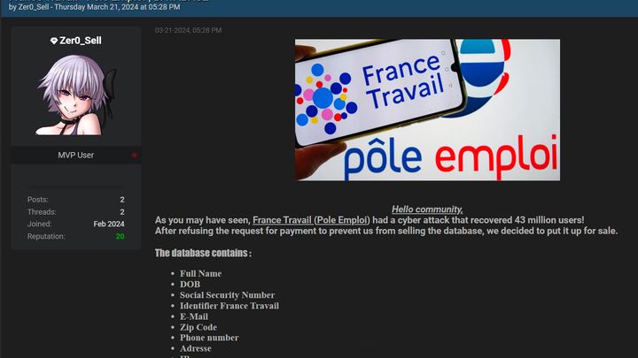 Capture d'écran de l'une des offres proposant à la vente des données volées à Pole Emploi (message posté sur un forum de hackeurs le 21 mars 2024. (CELLULE INVESTIGATION DE RADIOFRANCE)