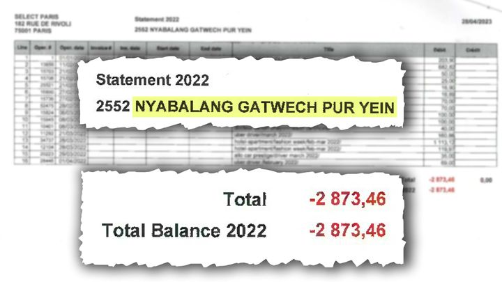 L’agence Select a adressé ce document indiquant à la mannequin Nyabalang Gatwech Pur Yein qu’elle doit 2873,46€ à son agence pour son déplacement à Paris. (ANNE-LAURE BARRAL / CELLULE INVESTIGATION RADIOFRANCE)