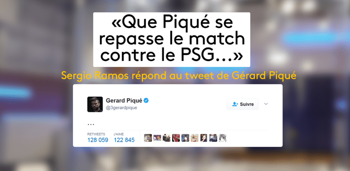 Sergio Ramos (Real Madrid) répond au tweet de Gérard Piqué (Barcelone) suite au but en position de hors-jeu de Cristiano Ronaldo. (FRANCEINFO / RADIOFRANCE)