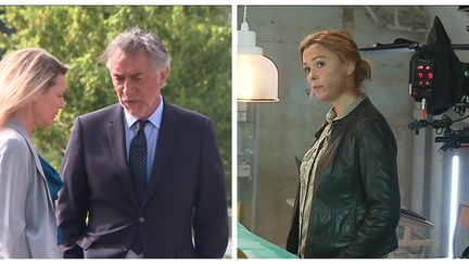 A gauche : Florence Thomassin et Richard Berry en tournage à Orléans en août 2019 pour La loi de Damien.
A droite : Sandrine Quétier à Arinthod en août 2019 pour Meurtres dans le Jura (A. Rigodanzo /  / H. Perret / France Télévisions)