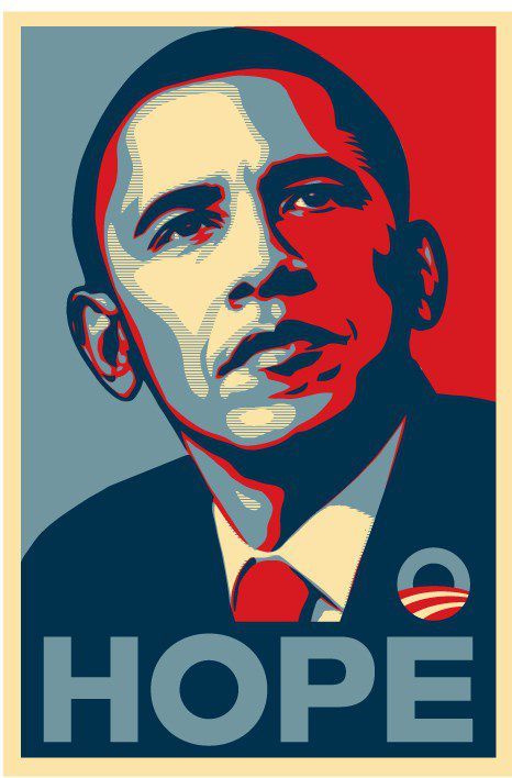 A l'origine, le poster iconique de la campagne du candidat démocrate Obama en 2008 avec le mot «Espoir» (Shepard Fairey)