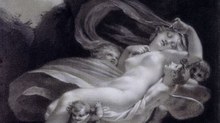 Noël Coypel, Femme projetée en arrière (La Fraude), XVIIe siècle.Pierre noire, lavis brun rehauts, 39,2x43,1 cm, Collection Prat. (Studio Sebert)