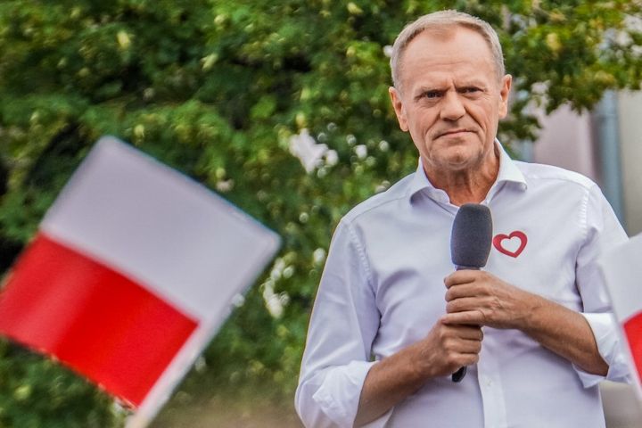 The leader of the opposition Civic Platform party, Donald Tusk, during a pre-election meeting in Sopot (Poland), August 27, 2023. (MICHAL FLUDRA / NURPHOTO / AFP)