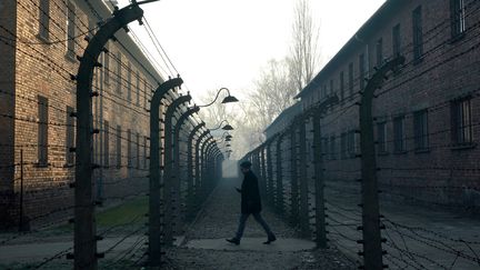 Un homme se promène dans les vestiges du camp de concentration d'Auschwitz, en Pologne, le 5 décembre 2019. (JANEK SKARZYNSKI / AFP)