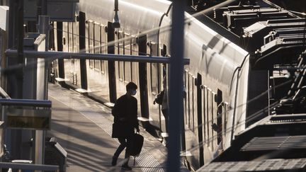 Un passager entre dans un train de la ligne RER B, le 13 octobre 2021 à Orsay (Essonne). (MAXPPP)