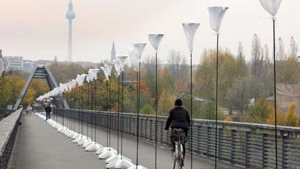 Cette installation, baptis&eacute;e "Light border", est l'&oelig;uvre de deux artistes berlinois, Christopher et Marc Bauder. (WOLFGANG KUMM / DPA / AFP)