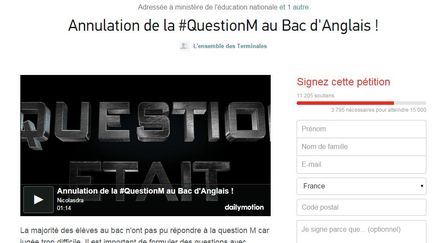 Capture d'&eacute;cran de la p&eacute;tition r&eacute;clamant l'annulation d'une question de l'&eacute;preuve d'anglais du baccalaur&eacute;at 2015. (CHANGE.ORG)