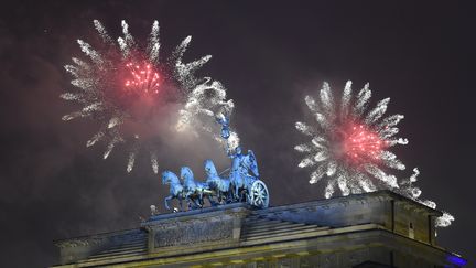 Des feux d'artifice explosent au-dessus de la porte de Brandebourg, à Berlin (Allemagne), le 1er janvier 2015. (TOBIAS SCHWARZ / AFP)