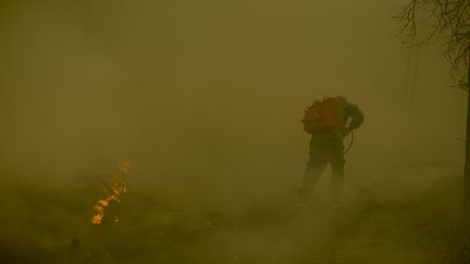 Un pompier lutte contre les flammes dans le village de Kuel, en Yakoutie,&nbsp;dans le nord-est de la Sibérie (Russie), le 8 août 2021. (IVAN NIKIFOROV / ANADOLU AGENCY / AFP)