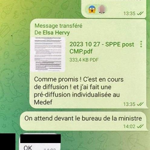 Nach Angaben von Victor Castanet stehen Akteure im privaten Kinderbetreuungssektor in regelmäßigem Kontakt mit Aurore Bergé und ihrem Ministerkabinett. (WHATSAPP-BILDSCHIRM / VICTOR CASTANET / FRANCEINFO)