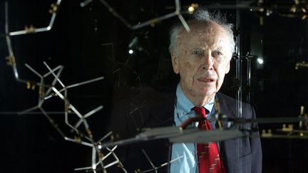 Le g&eacute;n&eacute;ticien James Watson pose devant la mod&eacute;lisation de la double h&eacute;lice de l'ADN,&nbsp;qui lui a valu un prix Novel de m&eacute;decine en 1962, lors d'une conf&eacute;rence de presse &agrave; Londres (Royaume-Uni), le 20 mai 2005. (ODD ANDERSEN / AFP)