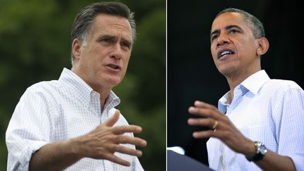 Le pr&eacute;sident sortant Barack Obama (&agrave; D.) et son adversaire r&eacute;publicain Mitt Romney sont toujours au coude &agrave; coude, selon deux sondages publi&eacute;s dimanche 4 novembre 2012. ( AFP)