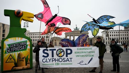 Des manifestants contre l'utilisation du glyphosate dans l'agriculture, un herbicide présent dans le Roundup, à Berlin (février 2017). (BRITTA PEDERSEN / DPA)