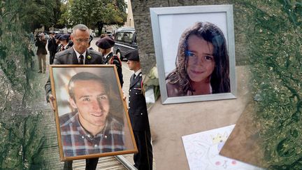 Les obsèques d'Arthur Noyer (à gauche), à Bourges (Cher), le 7 septembre 2018, et celles de Maëlys de Araujo, le 2 juin&nbsp;2018, à&nbsp;La Tour-du-Pin (Isère). (AFP / FRANCE INFO / JESSICA KOMGUEN)