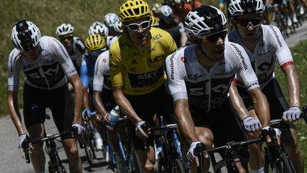 Le Britannique Geraint Thomas dans le peloton du tour de France lors de la 12e étape à l'Alpe d'Huez, le 19 juillet 2018. (PHILIPPE LOPEZ / AFP)