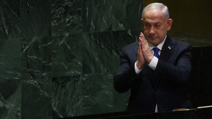 Le Premier ministre israélien, Benyamin Nétanyahou, lors d'une réunion de l'Assemblée générale de l'ONU, à New York, le 27 septembre 2024. (SPENCER PLATT / GETTY IMAGES NORTH AMERICA)