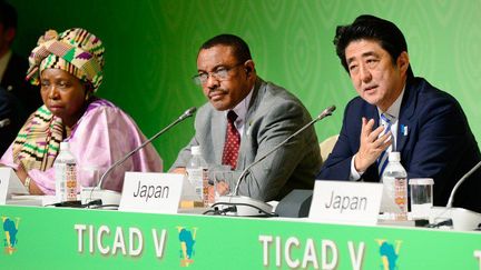 Conférence de presse commune le 3 juin 2013 à Yokohama entre le Premier ministre japonais Shinzo Abe, le Premier ministre éthiopien Hailemariam Desalegn et la présidente de la conférence, Nkosazana Dlamini-Zuma, à l’issue de la Ve TICAD. (AFP/Toru Yamanaka)