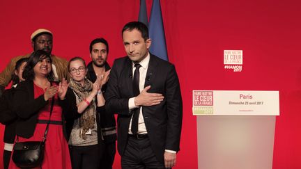 Benoît Hamon le 23 avril 2017 à la Maison de la Mutualité à Paris.&nbsp; (PHILIPPE LOPEZ / AFP)