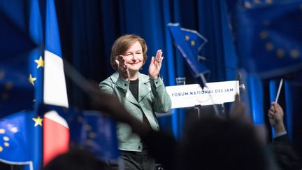 Nathalie Loiseau, tête de liste LREM pour les européennes, lors du lancement de la campagne au&nbsp;2e forum national des "Jeunes avec Macron".&nbsp; (SOPHIE DUPRESSOIR / HANS LUCAS / AFP)