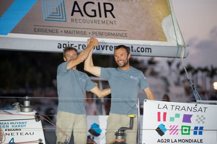 Thomas Ruyant (à gauche) et Adrien Hardy ont remporté l'édition 2018, record de l'épreuve à la clé. (ALEXIS COURCOUX)