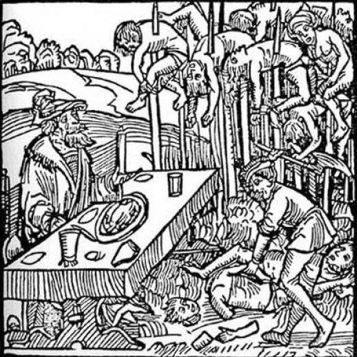 Bois, illustration d'un pamphlet allemand de XVe siècle montrant Vlad Tepes déjeunant au milieu des pals
 (DR)