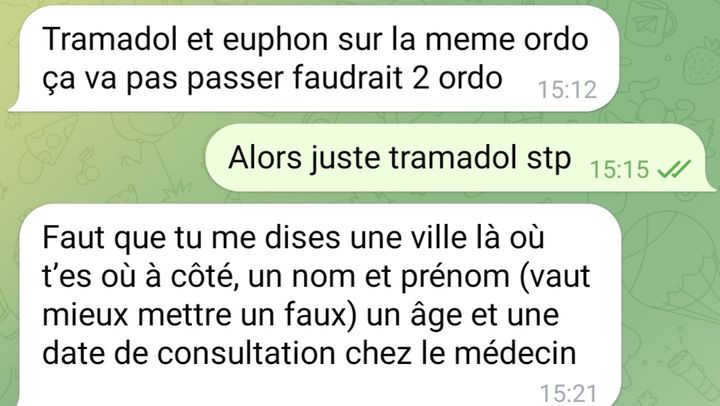 Nos échanges sur une messagerie cryptée avec un vendeur de fausses ordonnances. Novembre 2023 (CAPTURE D'ECRAN)