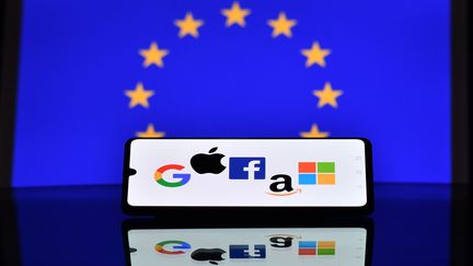 Illustration des logos des GAFAM (Google, Apple, Facebook, Amazon&nbsp;et Microsoft). (JUSTIN TALLIS / AFP)