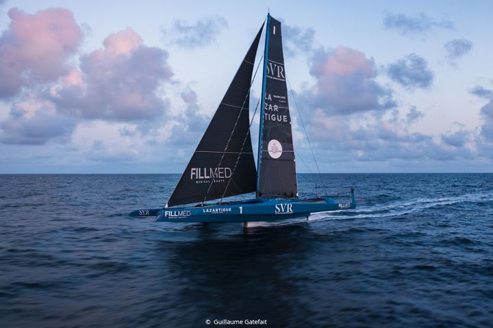 The blue trimaran SVR Lazartigue, imagined and designed by sailor François Gabart.  (Guillaume Gatefait)