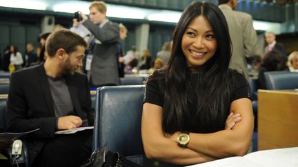 La chanteuse Anggun officie en tant qu'ambassadrice de bonne volont&eacute; de l'Organisation des Nations unies pour l'alimentation et l'agriculture (FAO), le 15 octobre 2010 &agrave; Rome (Italie). (ANDREAS SOLARO / AFP)