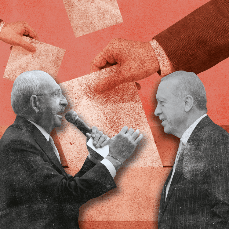 Parmi les trois candidats à la présidentielle du 14 mai 2023 en Turquie, deux d'entre eux dominent les sondages : le conservateur nationaliste Recep Tayyip Erdogan (à droite) et le social-démocrate Kemal Kiliçdaroglu (à gauche). (ASTRID AMADIEU / FRANCEINFO)