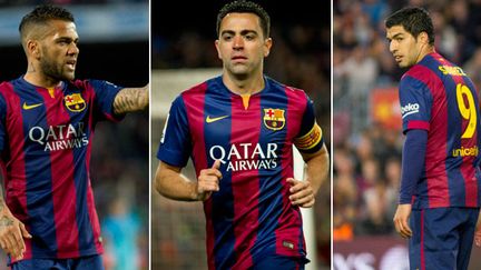 Daniel Alves, Xavi et Luis Suarez, trois joueurs du FC Barcelone