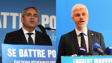 Xavier Bertrand et Laurent Wauquiez le 20 juin 2021. (GAEL HERISSÉ/MAXPPP-RÉMI DUGNE/PHOTOPQR/LA MONTAGNE/MAXPPP)