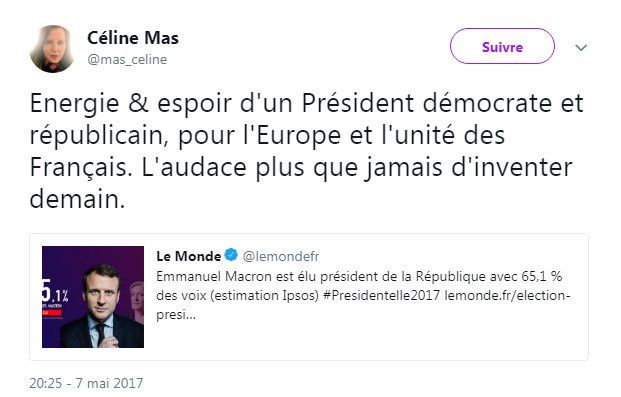 Céline Mas, directrice générale du cabinet d'expertise Occurrence à l'époque, se félicite de l'élection d'Emmanuel Macron. (CAPTURE D'ECRAN TWITTER)