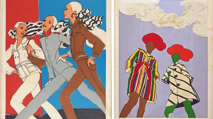 Illustrations pour l'exposition&nbsp;Antonio&nbsp;Lopez, une écriture visionnaire au Centre d'Art de Campredon :&nbsp; The Pants Uniform, Fashions of the Times/The New York Times Magazine, 1966 (à gauche) et Stripes, Fashions of the Times/The New York Times Magazine, 1966. (Antonio Lopez)