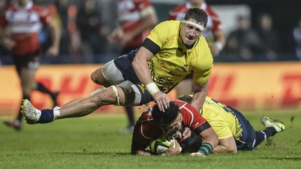 Mihai Macovei, troisi&egrave;me&nbsp;ligne et capitaine de l'&eacute;quipe de Roumanie de rugby, lors d'un match contre le Japon, le 15 novembre 2014, &agrave; Bucarest. (ANDREEA ALEXANDRU/AP/SIPA / AP)