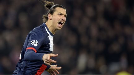 Zlatan Ibrahimovic f&ecirc;te son but face &agrave; l'Olympiakos, le 27 novembre 2013, au Parc des Princes, &agrave; Paris. (MARTIN BUREAU / AFP)