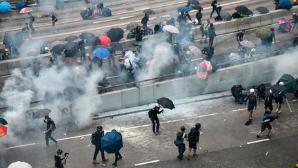 Des manifestants et des policiers à Hong Kong le 31 août 2019. (ANTHONY WALLACE / AFP)