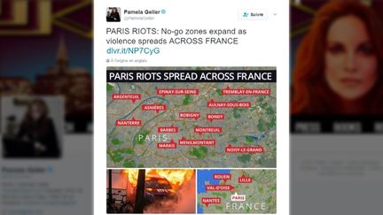 Une carte recensant de pseudo-émeutes en France, diffusée sur Twitter par une blogueuse américaine, le 16 février 2017. (TWITTER)