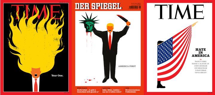 Trois dessins anti-Trump signés Edel Rodriguez en couverture de "Time Magazine" et de "Der Spiegel". (EDEL RODRIGUEZ / TIME / DER SPIEGEL)