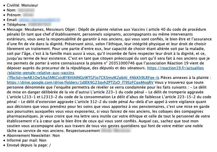 Capture écran du mail envoyé par un membre de l'association réaction 19 à un Ehpad.&nbsp; (DR)