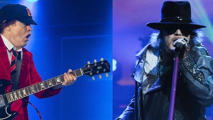 Angus Young de AC/DC et Axl Rose de Guns N' Roses, réunis sur scène pour la tournée européenne d'AC/DC sans Brian Johnson.
 (David Rowland/REX/Shutterstock et Rex Features/REX/SIPA)