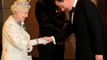 Elisabeth II en compagnie de David Cameron. (ANDREW MEARES / POOL / AFP)