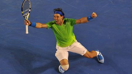 Rafael Nadal juste apr&egrave;s sa victoire face &agrave; Roger Federer 26 janvier 2012 en demi-finale de l'Open d'Australie, &agrave; Melbourne.&nbsp; (NICOLAS ASFOURI / AFP)