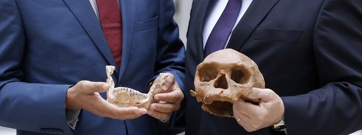 Les restes d'Homo sapiens découverts au Maroc, présentés le 6 juin 2017 à Paris. (PATRICK KOVARIK / AFP)