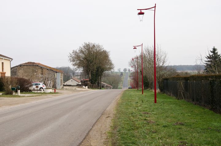 Les lampadaires rouges de Mandres-en-Barrois (Meuse), le 18 février 2016. (THOMAS BAIETTO / FRANCETV INFO)